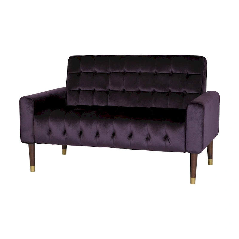 Mid-Century Velvet Button Tufted Loveseat Birch Tapered Legs Gold Accent