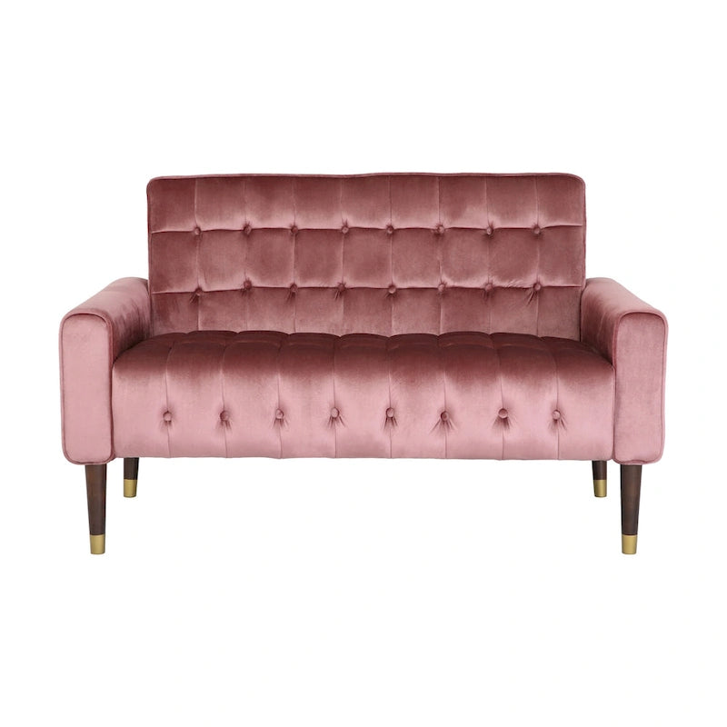 Mid-Century Velvet Button Tufted Loveseat Birch Tapered Legs Gold Accent