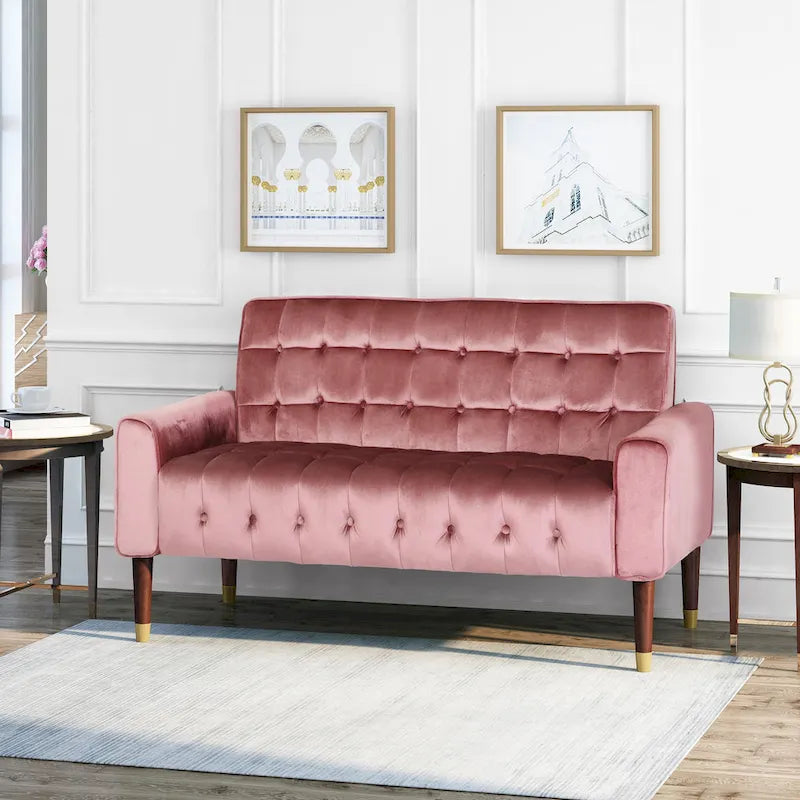 Mid-Century Velvet Button Tufted Loveseat Birch Tapered Legs Gold Accent