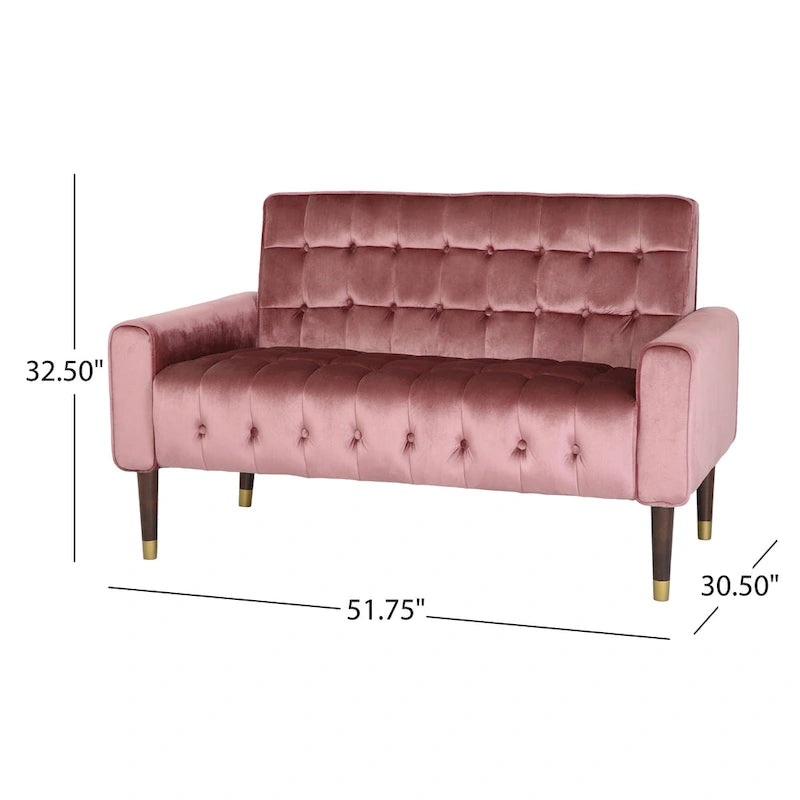 Mid-Century Velvet Button Tufted Loveseat Birch Tapered Legs Gold Accent