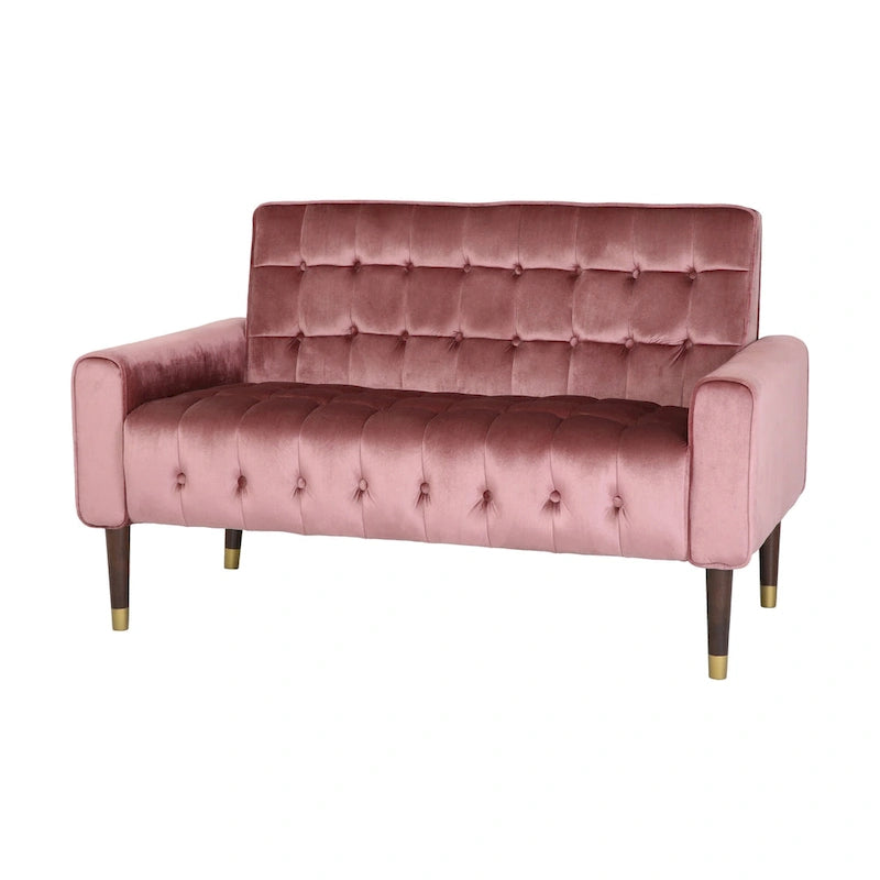 Mid-Century Velvet Button Tufted Loveseat Birch Tapered Legs Gold Accent
