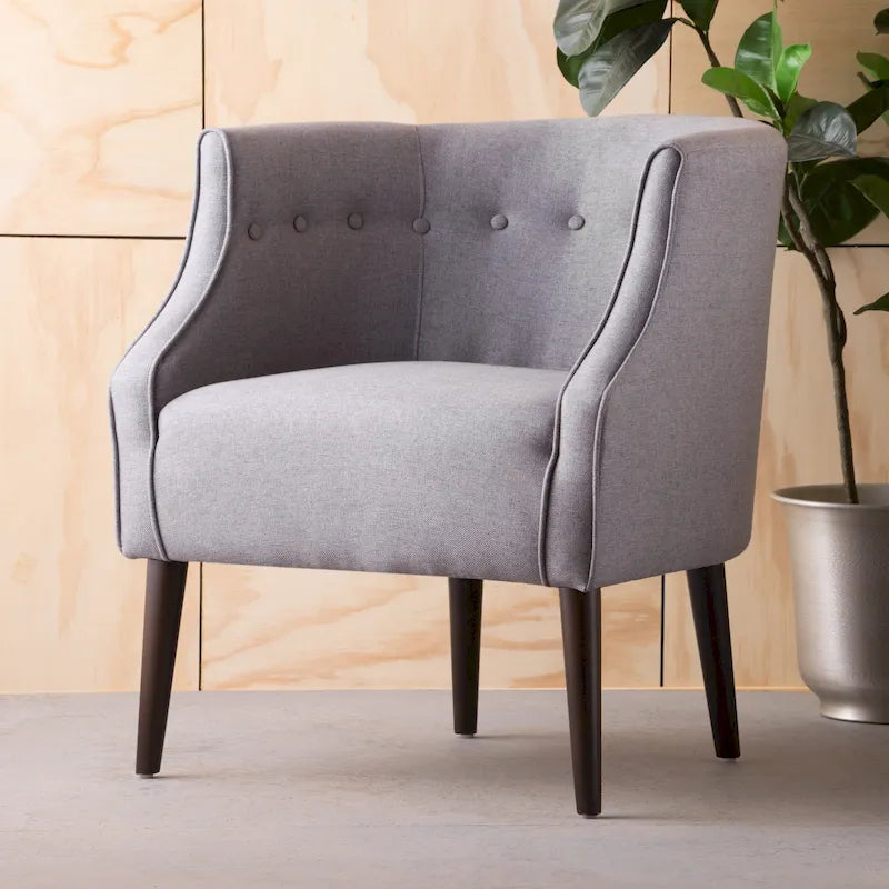Grey Polyester Barrel Club Chair Button Tufted Tonal Piping Birch Legs