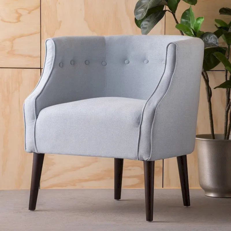 Grey Polyester Barrel Club Chair Button Tufted Tonal Piping Birch Legs