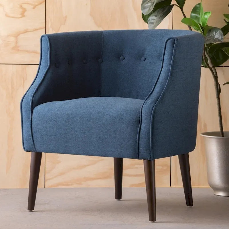 Grey Polyester Barrel Club Chair Button Tufted Tonal Piping Birch Legs