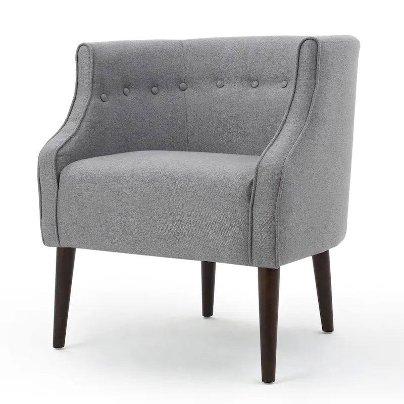 Poltrona club barrel in poliestere grigio, capitonné, profili tono su tono, gambe in betulla