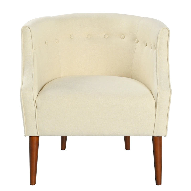 Poltrona club barrel in poliestere grigio, capitonné, profili tono su tono, gambe in betulla