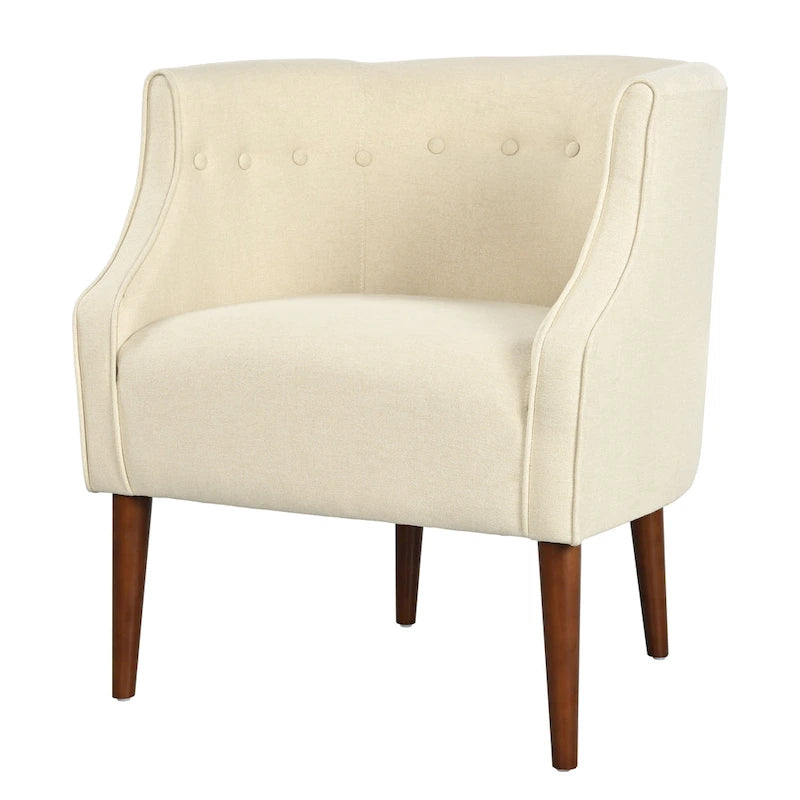 Poltrona club barrel in poliestere grigio, capitonné, profili tono su tono, gambe in betulla