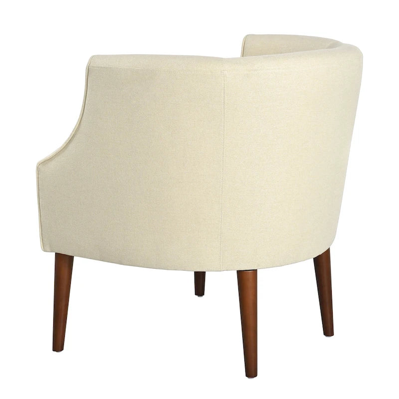 Poltrona club barrel in poliestere grigio, capitonné, profili tono su tono, gambe in betulla