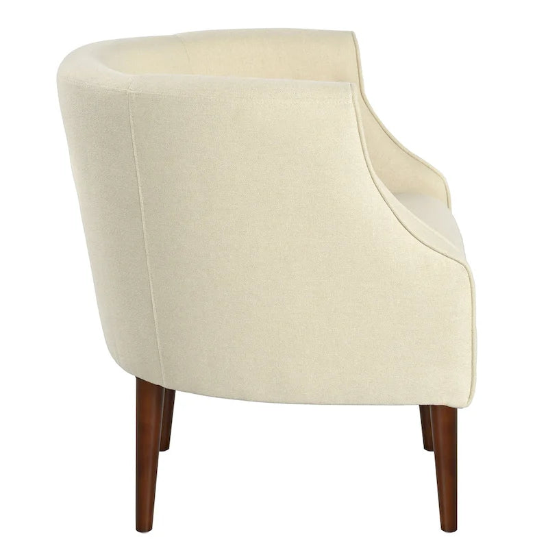 Poltrona club barrel in poliestere grigio, capitonné, profili tono su tono, gambe in betulla
