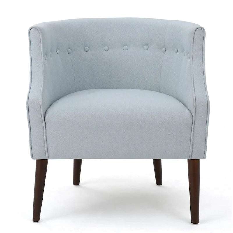 Poltrona club barrel in poliestere grigio, capitonné, profili tono su tono, gambe in betulla