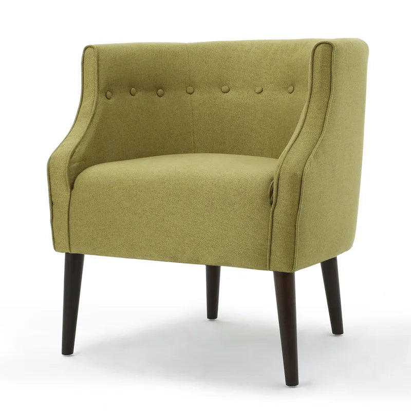 Poltrona club barrel in poliestere grigio, capitonné, profili tono su tono, gambe in betulla