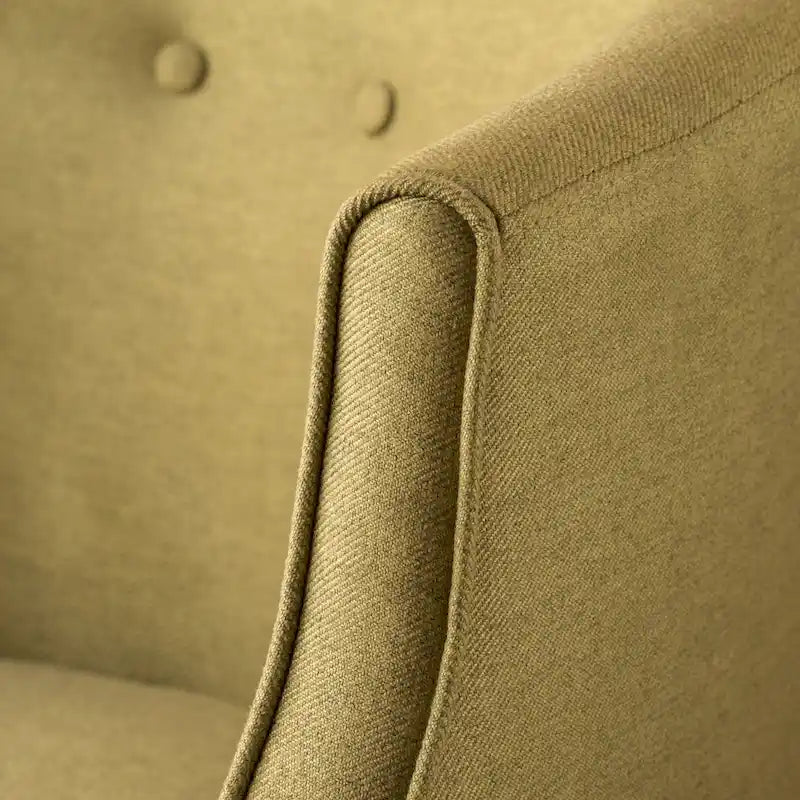 Poltrona club barrel in poliestere grigio, capitonné, profili tono su tono, gambe in betulla