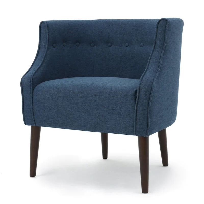 Poltrona club barrel in poliestere grigio, capitonné, profili tono su tono, gambe in betulla