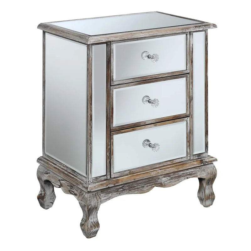 Weathered Silver Mirrored 3-Drawer End Table Crystal Rosette Knobs Cabriole Legs