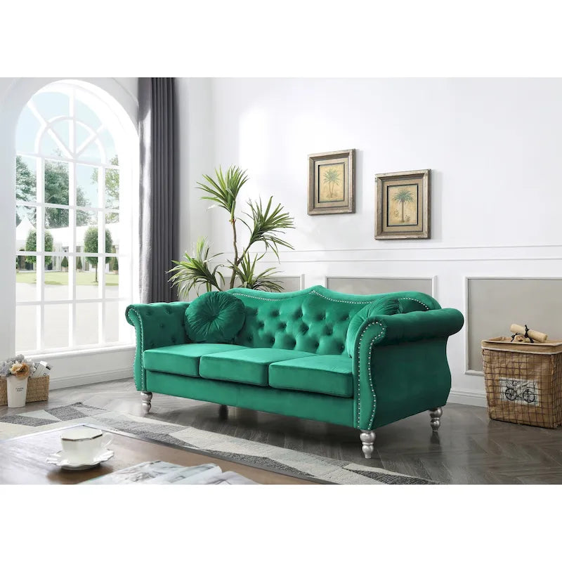 Green Velvet Chesterfield 3-Seat Sofa Button Tufted Scroll Arms Nailhead Trim 2 Pillows