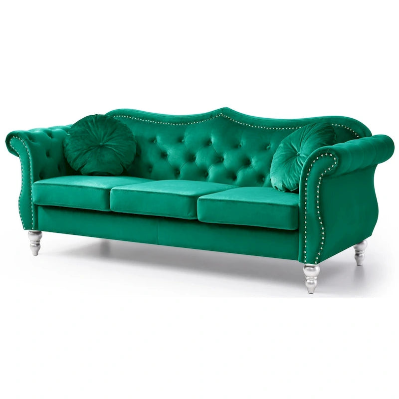 Green Velvet Chesterfield 3-Seat Sofa Button Tufted Scroll Arms Nailhead Trim 2 Pillows