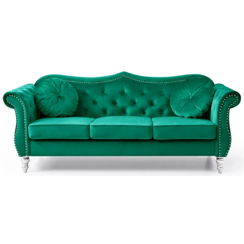 Green Velvet Chesterfield 3-Seat Sofa Button Tufted Scroll Arms Nailhead Trim 2 Pillows