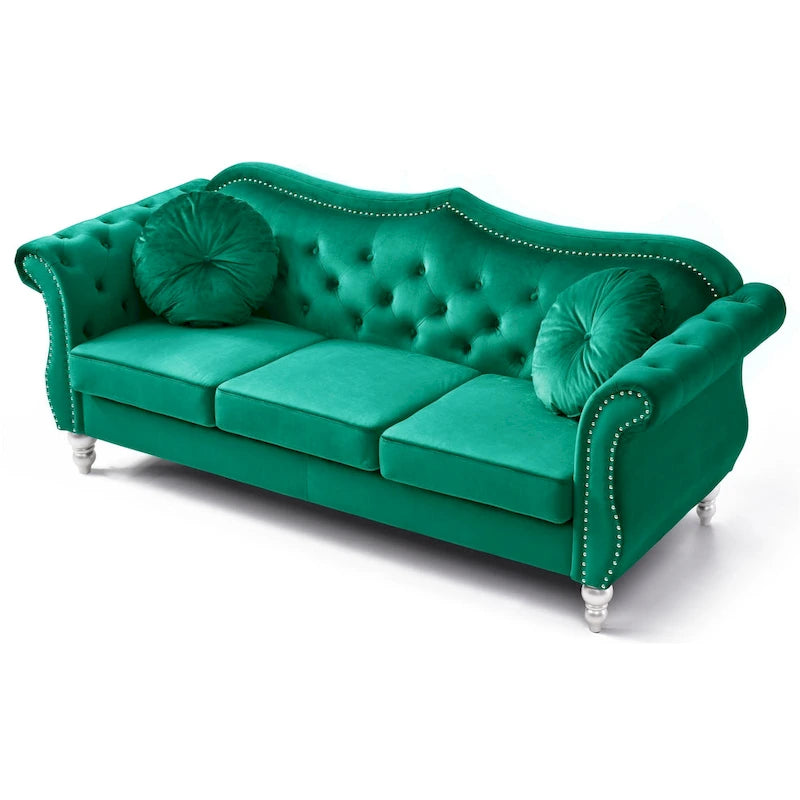 Green Velvet Chesterfield 3-Seat Sofa Button Tufted Scroll Arms Nailhead Trim 2 Pillows