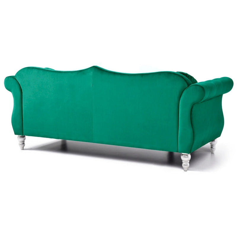 Green Velvet Chesterfield 3-Seat Sofa Button Tufted Scroll Arms Nailhead Trim 2 Pillows