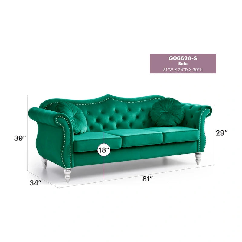 Chesterfield-Sofa in Grün aus Samt für 3 Personen, Knopfheftung, geschwungene Armlehnen, Nagelkopfbesatz, 2 Kissen