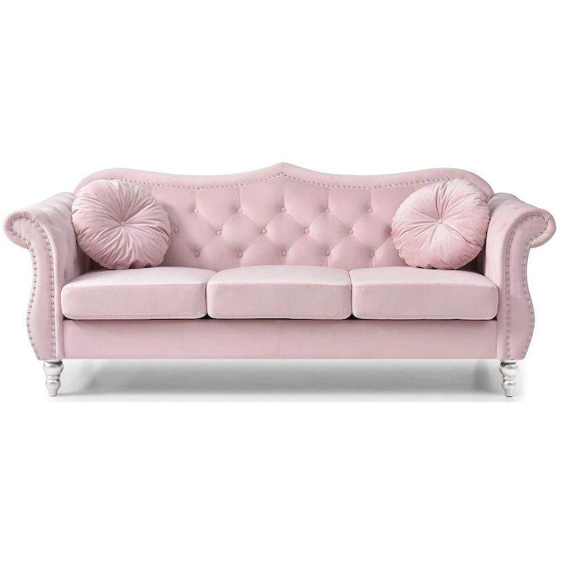 Chesterfield-Sofa in Grün aus Samt für 3 Personen, Knopfheftung, geschwungene Armlehnen, Nagelkopfbesatz, 2 Kissen