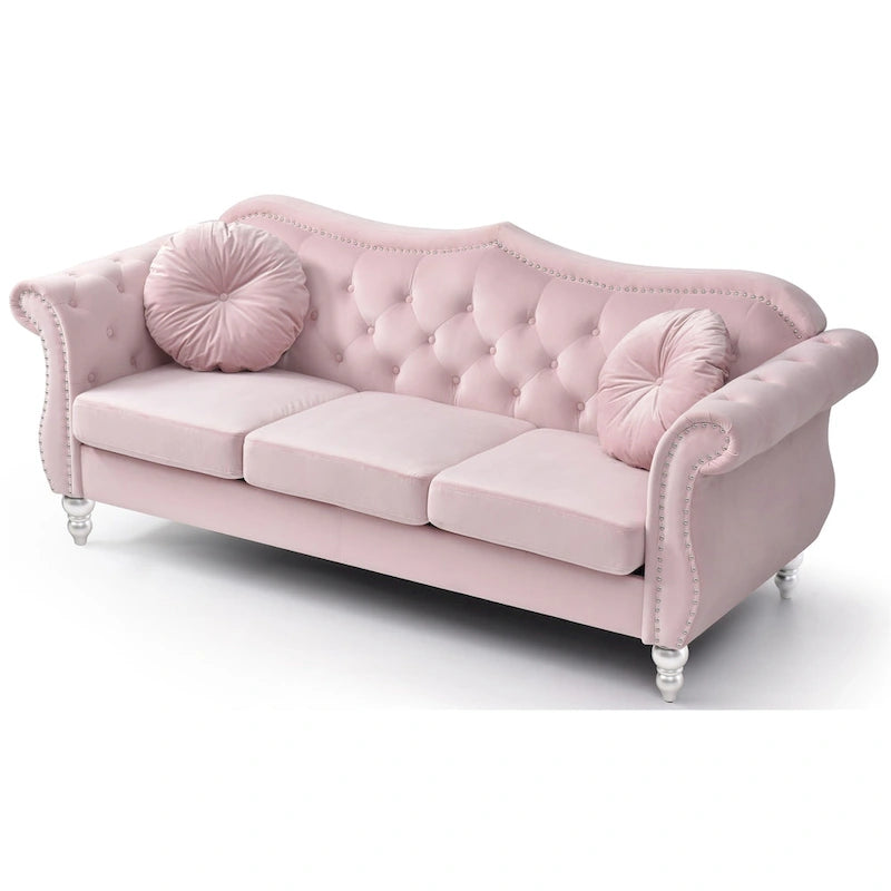 Chesterfield-Sofa in Grün aus Samt für 3 Personen, Knopfheftung, geschwungene Armlehnen, Nagelkopfbesatz, 2 Kissen