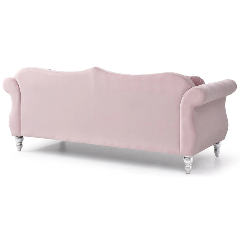 Chesterfield-Sofa in Grün aus Samt für 3 Personen, Knopfheftung, geschwungene Armlehnen, Nagelkopfbesatz, 2 Kissen