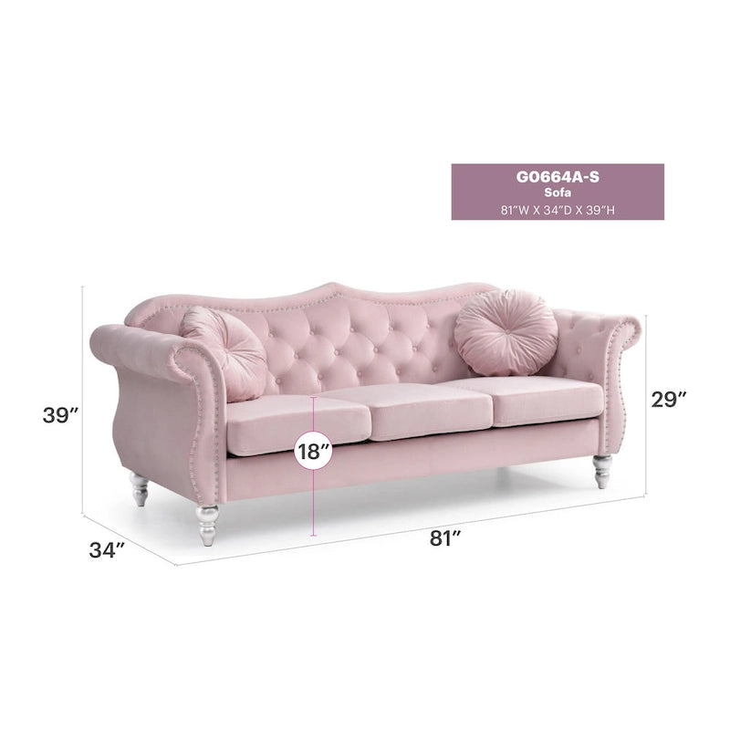 Chesterfield-Sofa in Grün aus Samt für 3 Personen, Knopfheftung, geschwungene Armlehnen, Nagelkopfbesatz, 2 Kissen