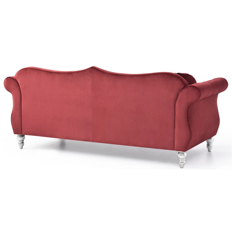 Chesterfield-Sofa in Grün aus Samt für 3 Personen, Knopfheftung, geschwungene Armlehnen, Nagelkopfbesatz, 2 Kissen