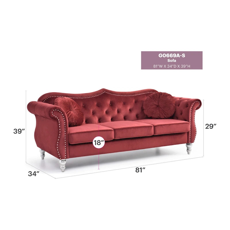 Chesterfield-Sofa in Grün aus Samt für 3 Personen, Knopfheftung, geschwungene Armlehnen, Nagelkopfbesatz, 2 Kissen