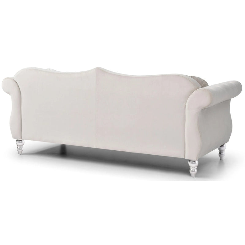 Chesterfield-Sofa in Grün aus Samt für 3 Personen, Knopfheftung, geschwungene Armlehnen, Nagelkopfbesatz, 2 Kissen
