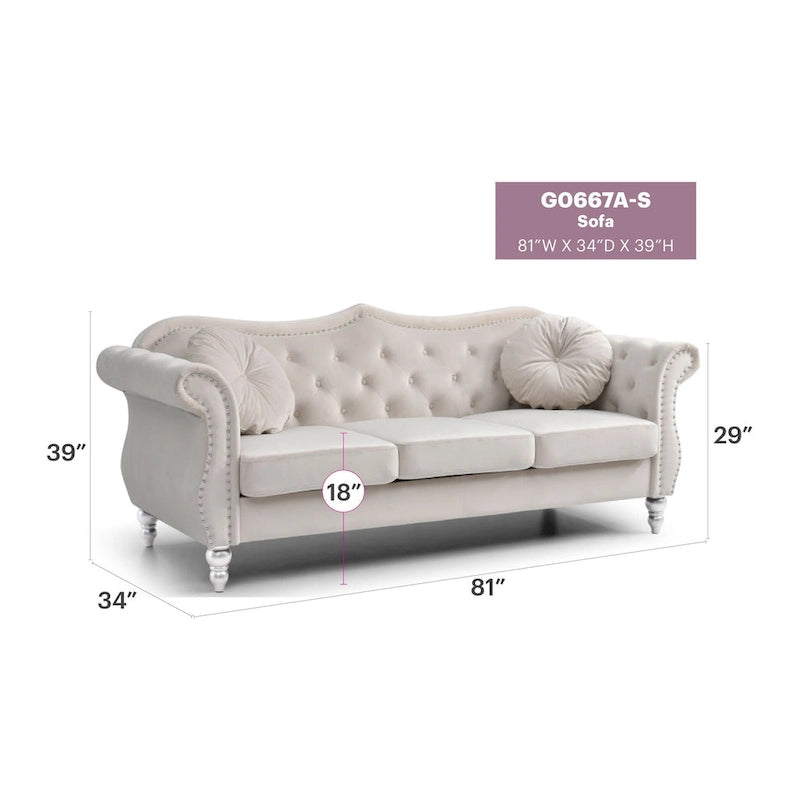 Chesterfield-Sofa in Grün aus Samt für 3 Personen, Knopfheftung, geschwungene Armlehnen, Nagelkopfbesatz, 2 Kissen