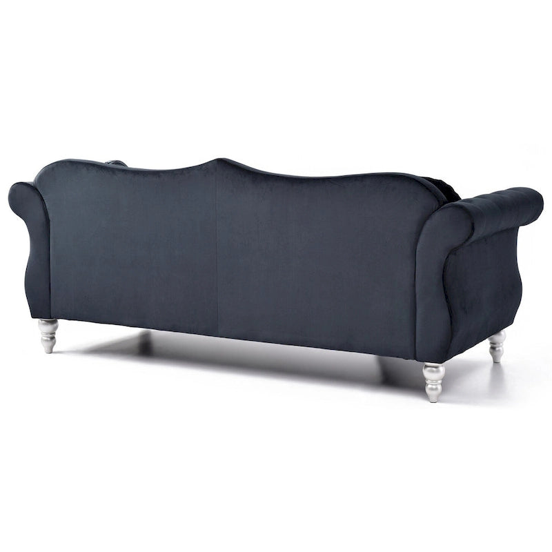 Chesterfield-Sofa in Grün aus Samt für 3 Personen, Knopfheftung, geschwungene Armlehnen, Nagelkopfbesatz, 2 Kissen