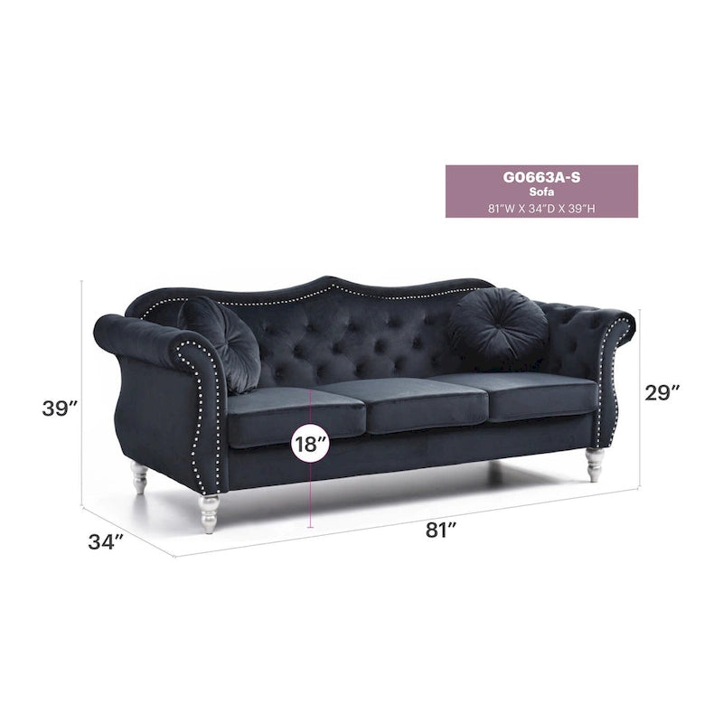 Chesterfield-Sofa in Grün aus Samt für 3 Personen, Knopfheftung, geschwungene Armlehnen, Nagelkopfbesatz, 2 Kissen