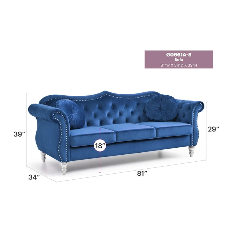 Chesterfield-Sofa in Grün aus Samt für 3 Personen, Knopfheftung, geschwungene Armlehnen, Nagelkopfbesatz, 2 Kissen