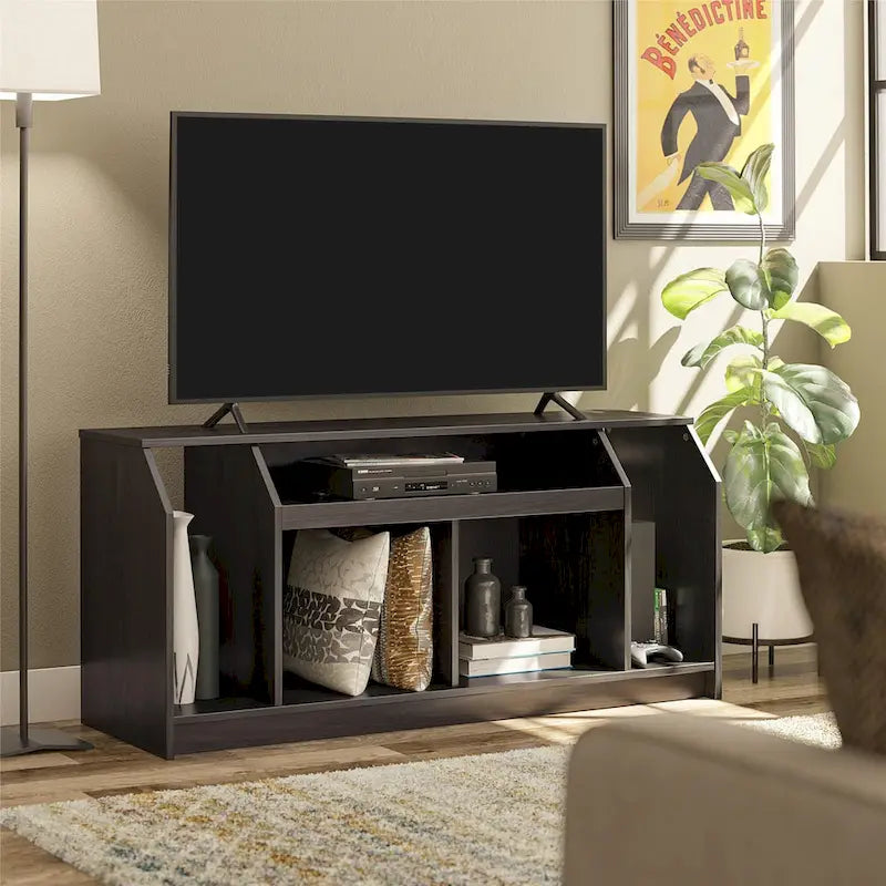 White Low-Profile TV Stand 5 Open Compartments Wire Management Fits 59 Inch