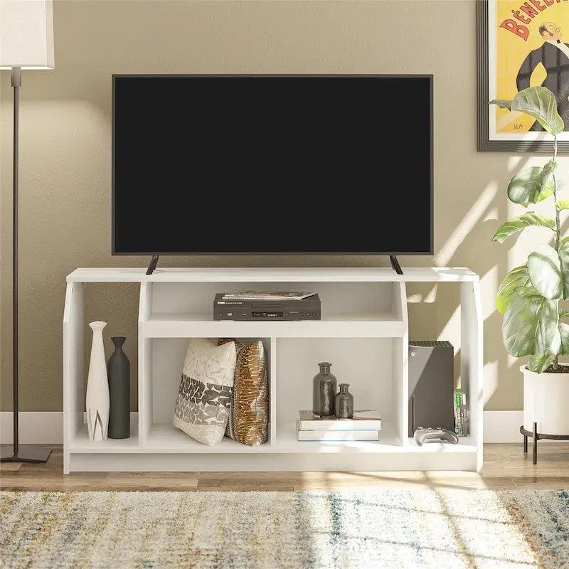 White Low-Profile TV Stand 5 Open Compartments Wire Management Fits 59 Inch