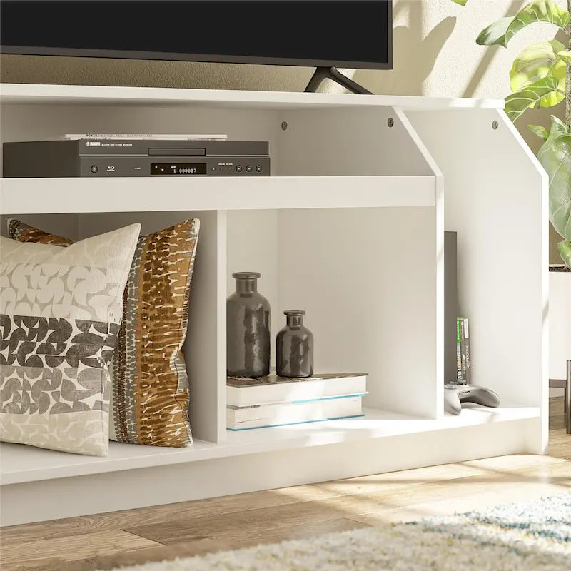 White Low-Profile TV Stand 5 Open Compartments Wire Management Fits 59 Inch