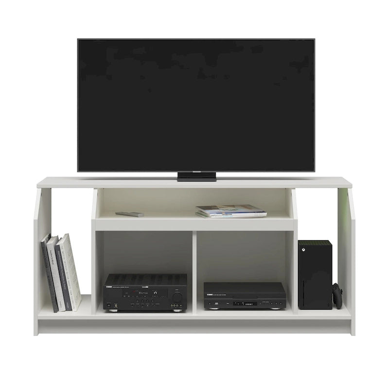 White Low-Profile TV Stand 5 Open Compartments Wire Management Fits 59 Inch