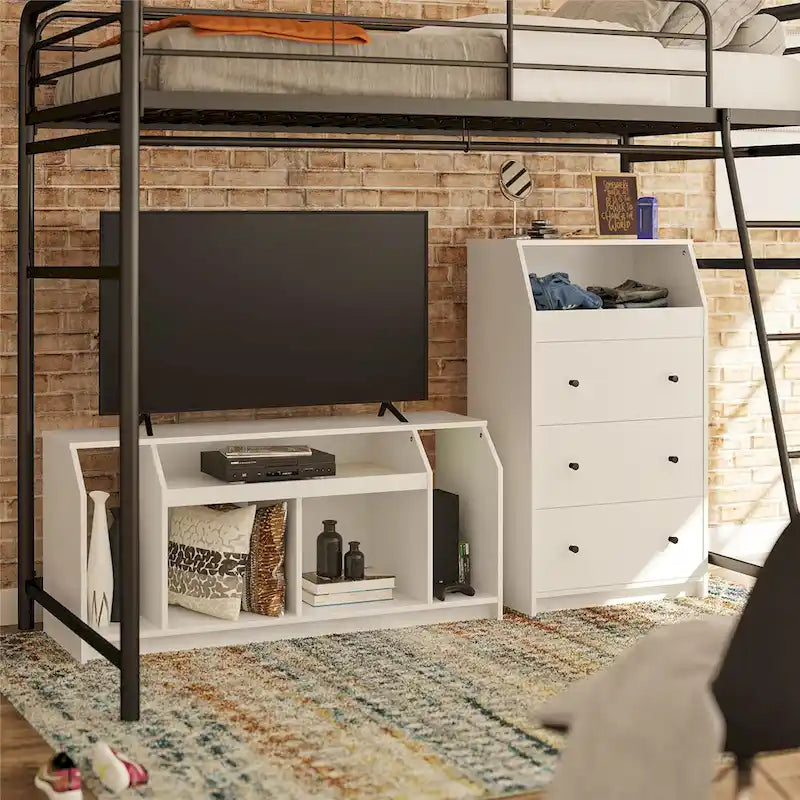 White Low-Profile TV Stand 5 Open Compartments Wire Management Fits 59 Inch