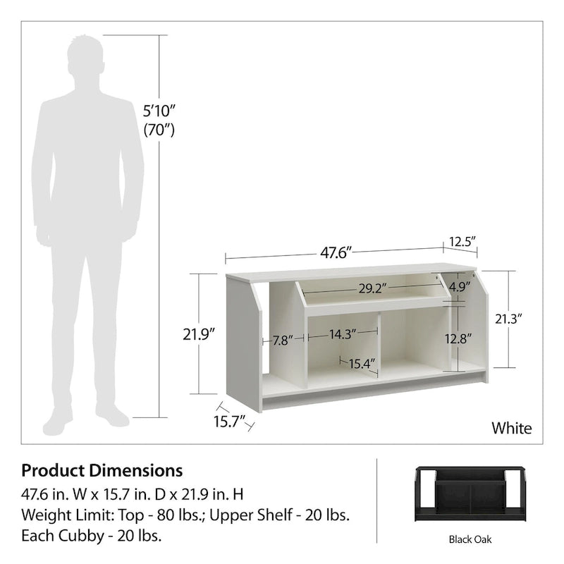White Low-Profile TV Stand 5 Open Compartments Wire Management Fits 59 Inch