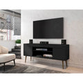 Meuble TV blanc de style moderne du milieu du siècle, console multimédia à 2 portes et 2 étagères, pieds évasés en noyer, convient jusqu’à 60 pouces