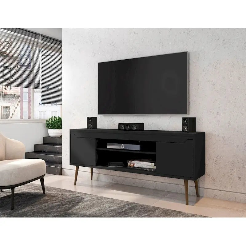 Meuble TV blanc de style moderne du milieu du siècle, console multimédia à 2 portes et 2 étagères, pieds évasés en noyer, convient jusqu’à 60 pouces