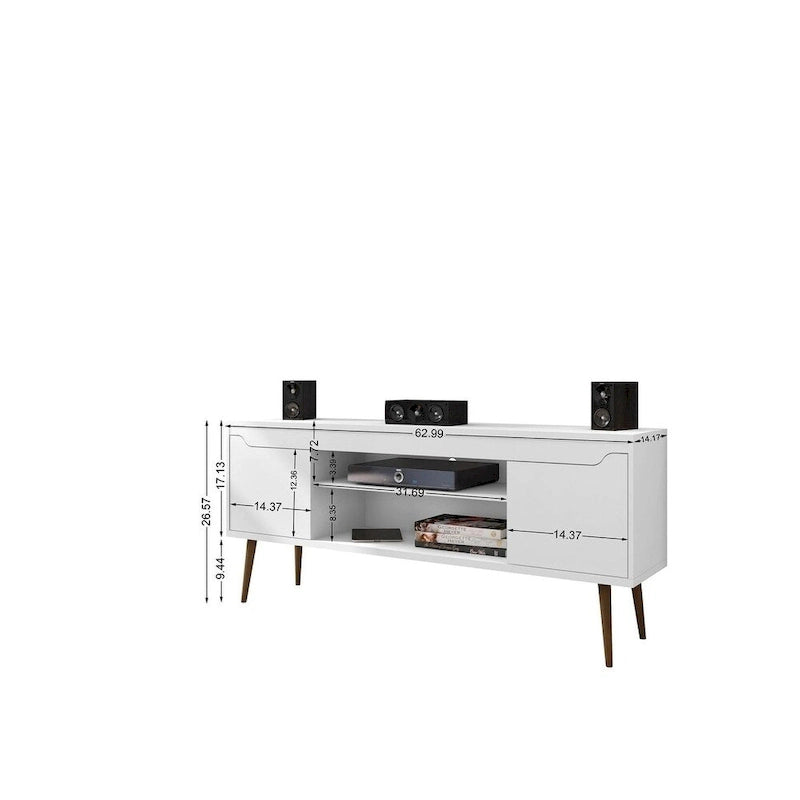 Meuble TV blanc de style moderne du milieu du siècle, console multimédia à 2 portes et 2 étagères, pieds évasés en noyer, convient jusqu’à 60 pouces