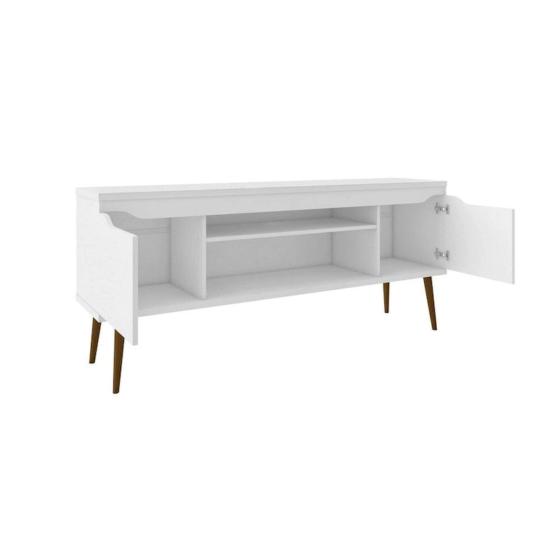 Meuble TV blanc de style moderne du milieu du siècle, console multimédia à 2 portes et 2 étagères, pieds évasés en noyer, convient jusqu’à 60 pouces