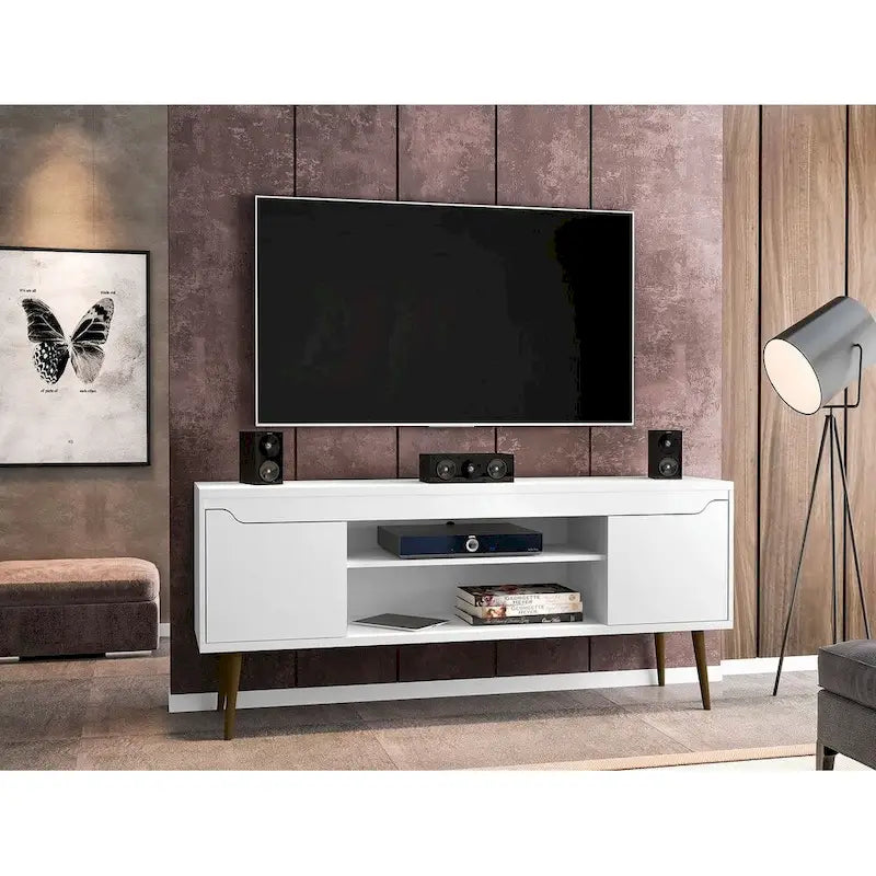 Meuble TV blanc de style moderne du milieu du siècle, console multimédia à 2 portes et 2 étagères, pieds évasés en noyer, convient jusqu’à 60 pouces