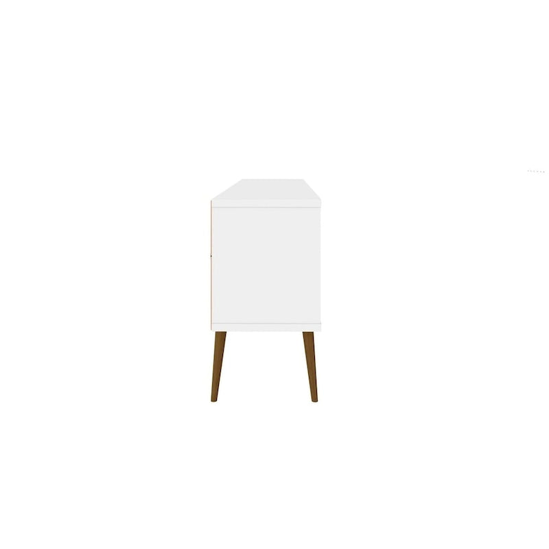 Meuble TV blanc de style moderne du milieu du siècle, console multimédia à 2 portes et 2 étagères, pieds évasés en noyer, convient jusqu’à 60 pouces