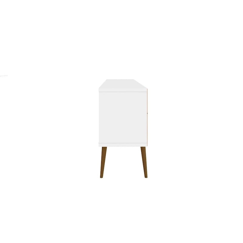 Meuble TV blanc de style moderne du milieu du siècle, console multimédia à 2 portes et 2 étagères, pieds évasés en noyer, convient jusqu’à 60 pouces