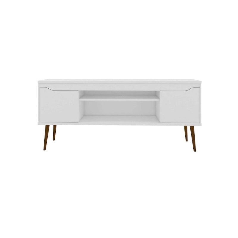 Meuble TV blanc de style moderne du milieu du siècle, console multimédia à 2 portes et 2 étagères, pieds évasés en noyer, convient jusqu’à 60 pouces
