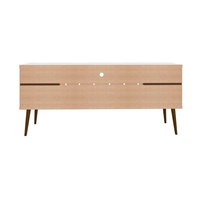 Meuble TV blanc de style moderne du milieu du siècle, console multimédia à 2 portes et 2 étagères, pieds évasés en noyer, convient jusqu’à 60 pouces
